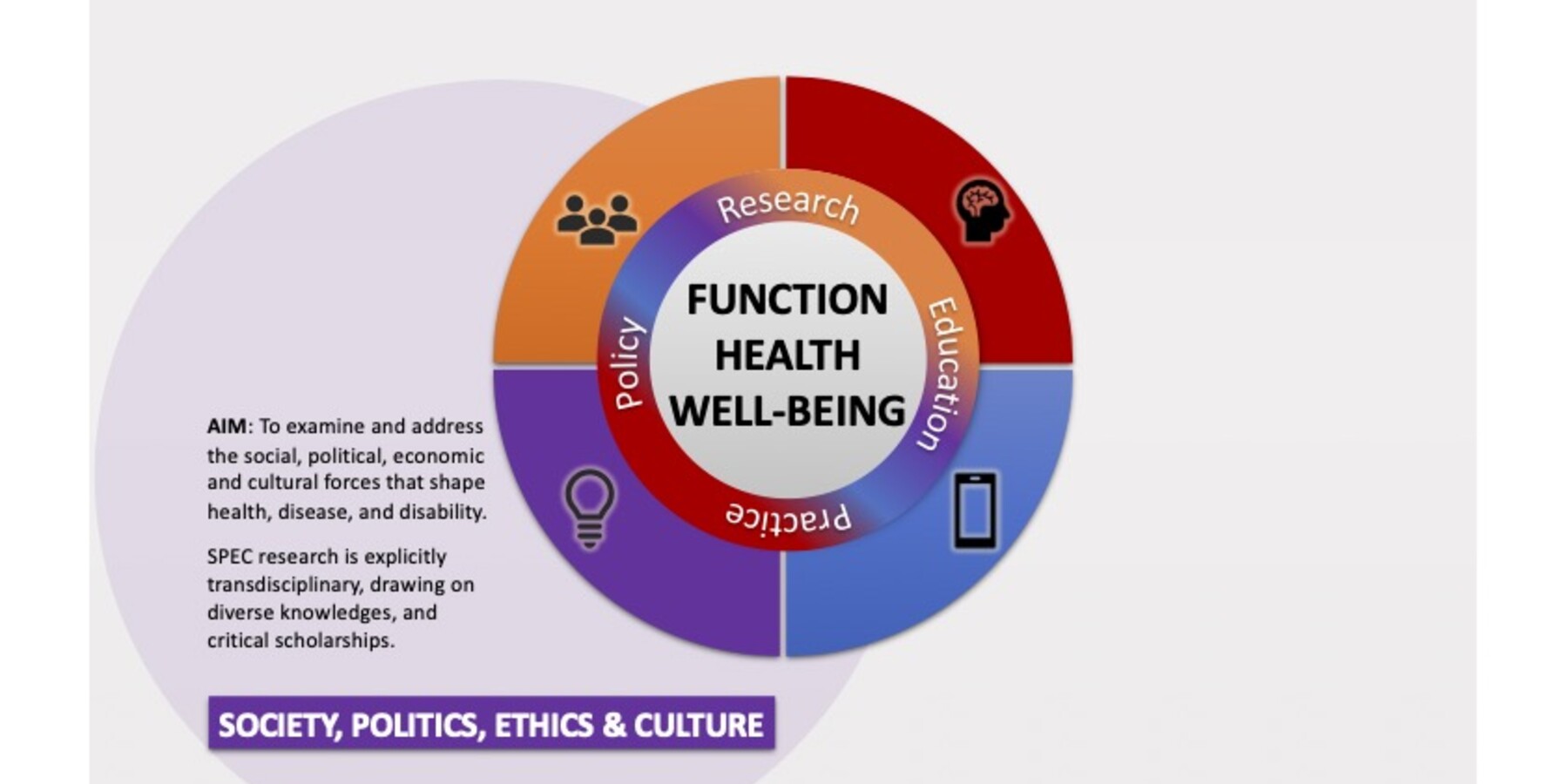 Graphic describing the aim of the Social, Political, Ethical & Cultural Dimensions of Health and Disability research platform