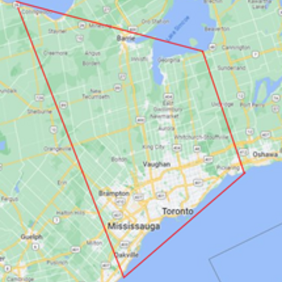 Map of our clinical catchment boundary falls within Barrie in the north, Pickering in the east, and Oakville on the west. 